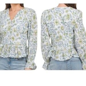 7 For All Mankind Floral Peplum Blouse in White, Green, Blue